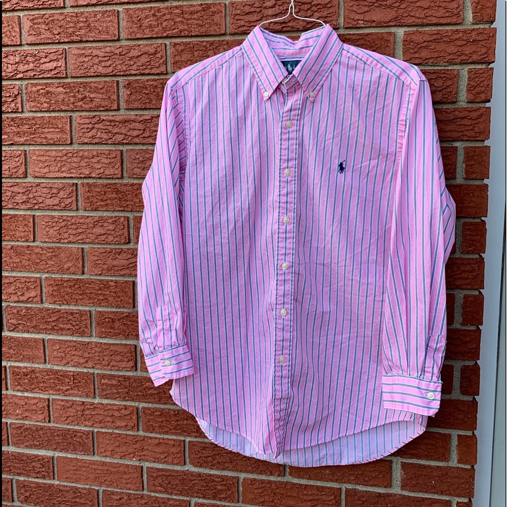 Pink, Navy, White Stripe Long Sleeve Dress Shirt